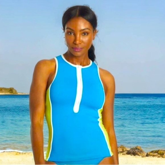 Michael Kors Cyan Blue Bright Neon Yellow Zipper Racer Back Tankini NWT - Picture 1 of 12